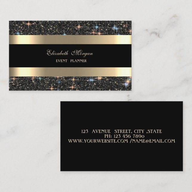 Elegant Modern Guld Randig Svart Glitter Glans Visitkort (Fram/baksida)
