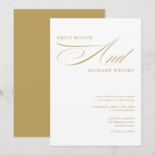 Elegant Modern Guld Script Bröllop Inbjudningar (Fram/baksida)