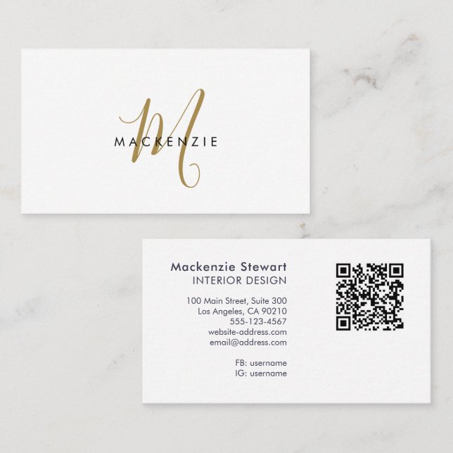 Elegant Modern Guld Script Monogram QR-kod Visitkort (Fram/baksida)