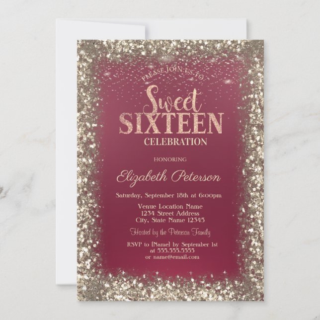 Elegant Modern Guld Sequins Ram Röd Sweet 16 Inbjudningar (Framsida)