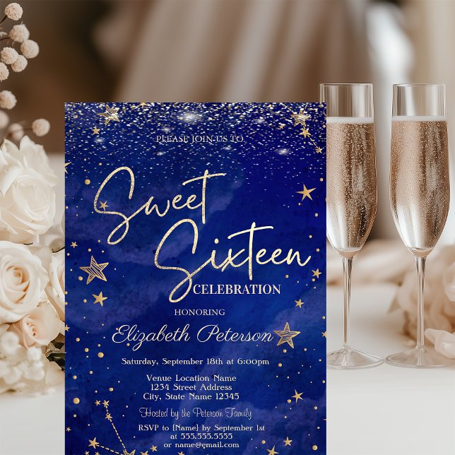 Elegant Modern Guld Stars Blue Sweet 16 Inbjudningar (Skapare uppladdad)