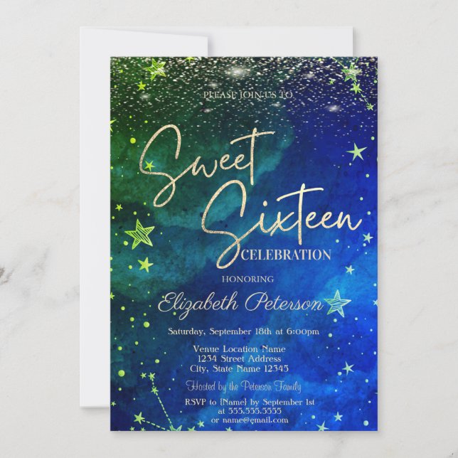 Elegant Modern Guld Stjärnor Blå Grön Sweet 16 Inbjudningar (Framsida)