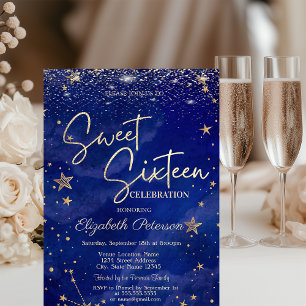 Elegant Modern Guld Stjärnor Blå Sweet 16 Inbjudningar