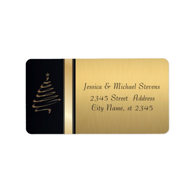 Elegant modern guld/svart helgdag chistmas träd adressetikett (Framsidan)