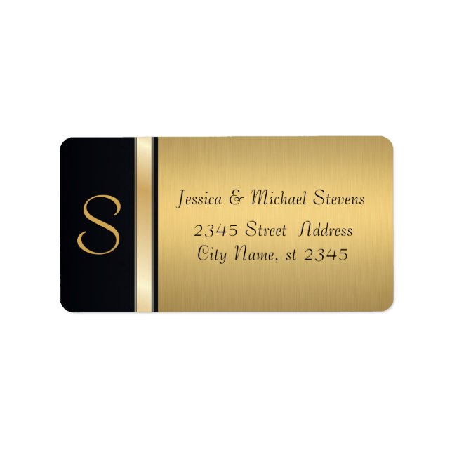 Elegant modern guld/svart monogram bröllop adressetikett (Framsidan)