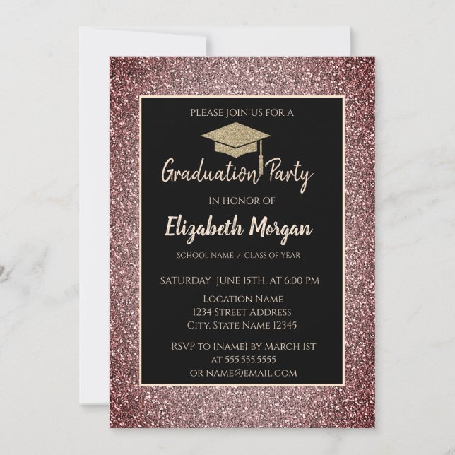 Elegant Modern Guld Tiara Red Glitter Grad Cap Inbjudningar (Framsida)