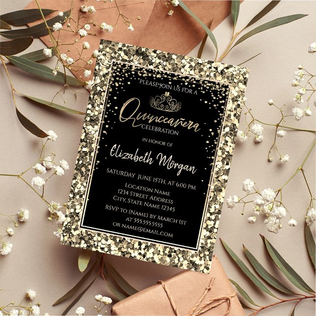 Elegant Modern Guld Tiara,Sequins Quinceanera Inbjudningar (Skapare uppladdad)