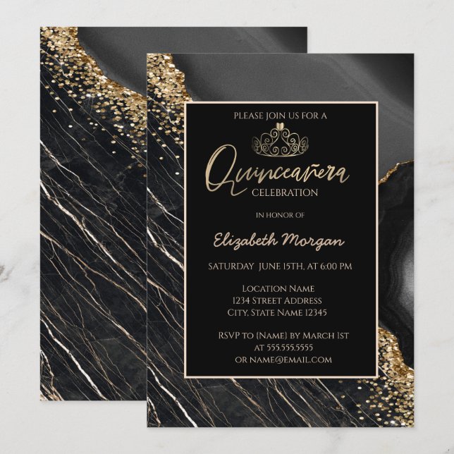 Elegant Modern Guld Tiara,Svart marmor Inbjudningar (Fram/baksida)