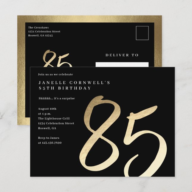 Elegant Modern Guld Typ 85-årsdag Inbjudan Vykort (Fram/baksida)