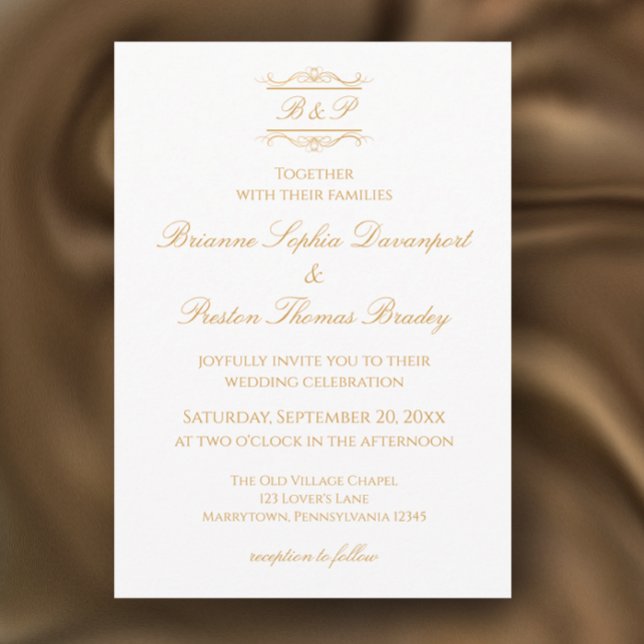 Elegant Modern Guld & Vit Monogram Bröllop Inbjudningar (Customize this unique golden monogram wedding invitation template. Elegant, simple gold & white.
)