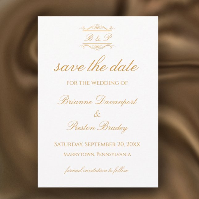Elegant Modern Guld & Vit Monogram Bröllop Spara Datumet (Personalize this save the date template for an elegant simple golden monogram wedding invitation.
)