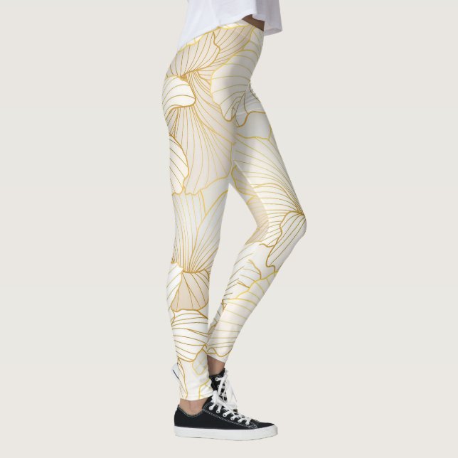 Elegant Modern Guld White Blommigt Line Collection Leggings (Höger)
