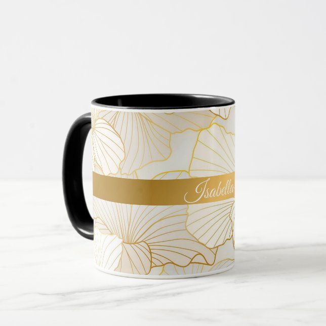 Elegant Modern Guld White Blommigt Line Collection Mugg (Framsida vänster)