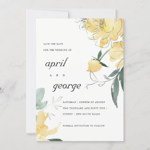 Elegant Modern Gult Grönt VattenfärgBlommigt Spara Datumet