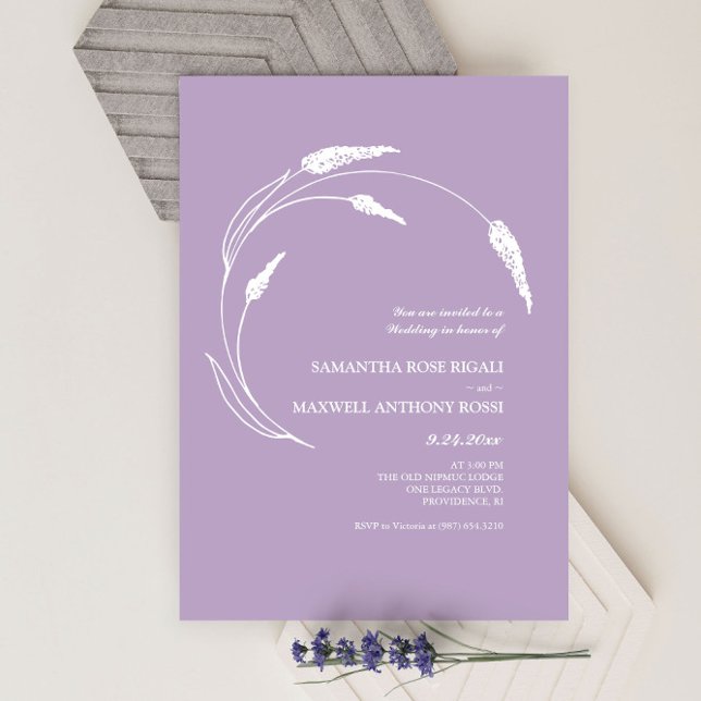 Elegant Modern Hand plockade Lavender Bröllop Inbjudningar (Lavender wedding invitations minimalist line art and design by Victoria Grigaliunas)