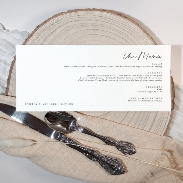 Elegant Modern Handskrift Vågrät Bröllop Meny (Horizontal wedding menus - modern, elegant and simple custom wedding menus)