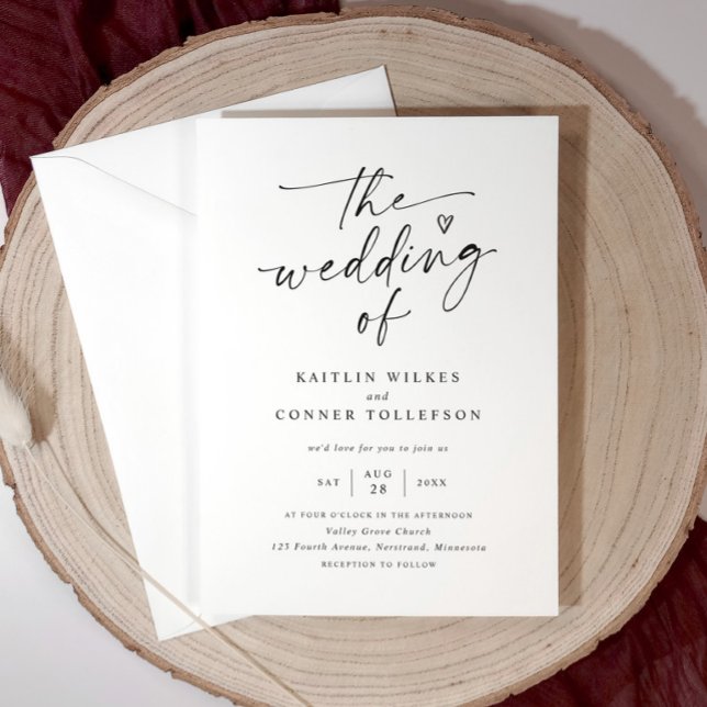 Elegant modern handstil svart & vit bröllopsinbjud inbjudningar (Elegant handwriting modern wedding invitation with hand drawn heart)