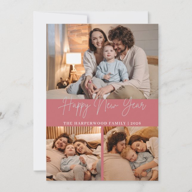 Elegant Modern Happy New Year Black 3 Collage Julkort (Framsida)