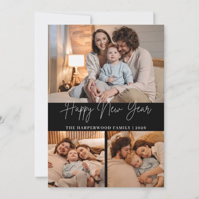 Elegant Modern Happy New Year Black 3 Collage Julkort (Framsida)
