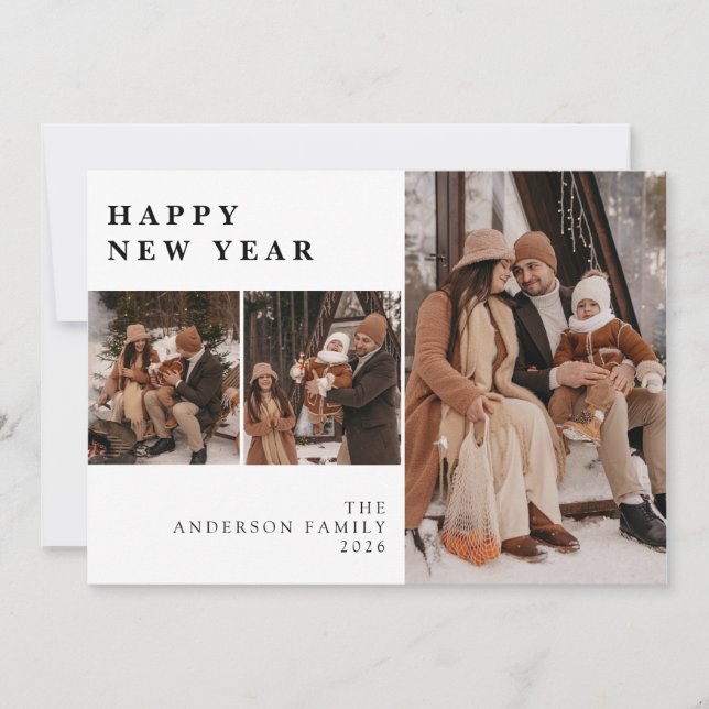 Elegant Modern Happy New Year Family 3 Photo  Julkort (Framsida)