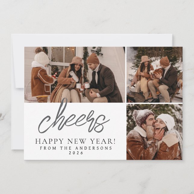 Elegant Modern Happy New Year Family 3 Photo  Julkort (Framsida)
