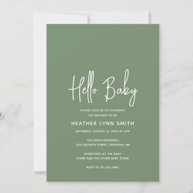 Elegant Modern Hej Baby Sage Grönt Baby Shower Inbjudningar (Framsida)