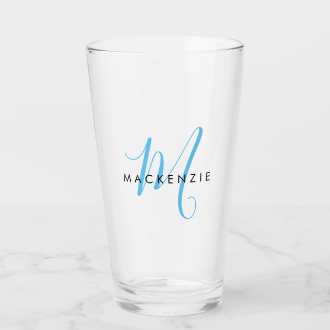 Elegant Modern Himlar Blue Script Monogram Glaskopp (Framsida)