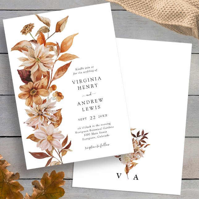 Elegant Modern Höstbröllop Inbjudningar (Elegant Modern Fall Floral Wedding Invitation back Monogrammed by Painted Paperie
)