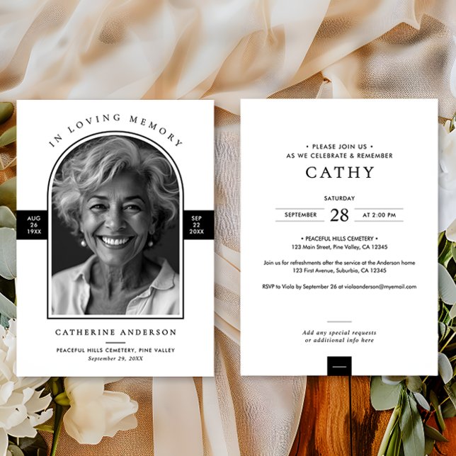 Elegant Modern i Loving Memory Arch Photo Funeral Inbjudningar (Skapare uppladdad)