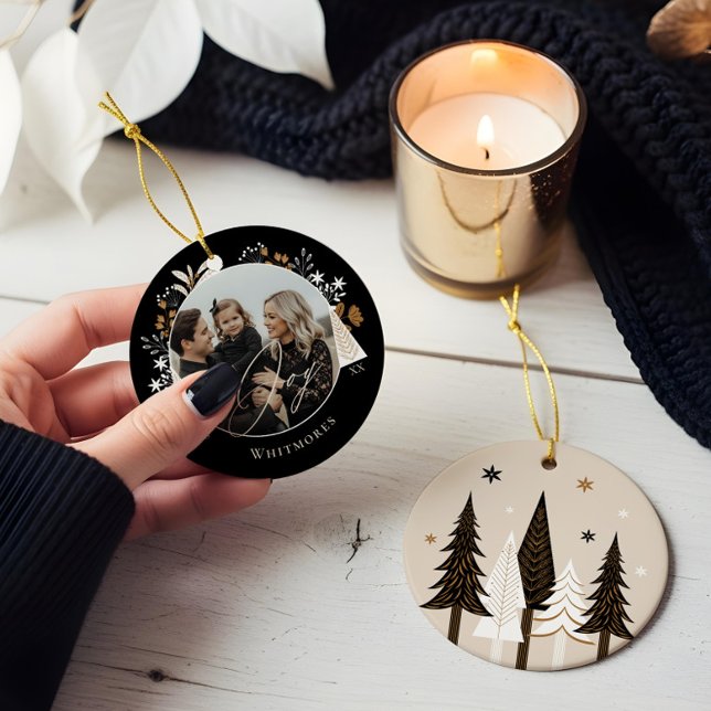 Elegant Modern Joy Photo Evergreen Julgran Julgransprydnad Keramik (Elegant Modern Joy Photo Evergreen Christmas Tree Ceramic Ornament)
