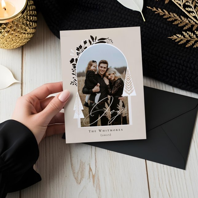 Elegant Modern Joy Photo Evergreen Julgran Julkort (Elegant Modern Joy Photo Evergreen Christmas Tree Holiday Card)