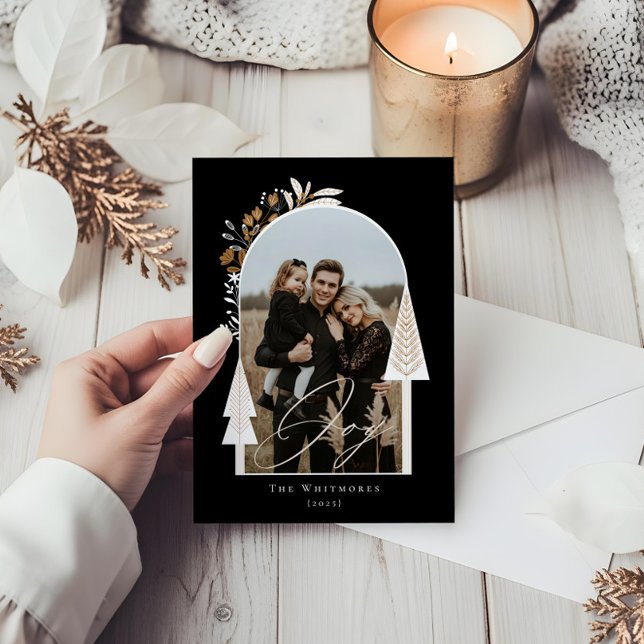 Elegant Modern Joy Photo Evergreen Julgran Julkort (Elegant Modern Joy Photo Evergreen Christmas Tree Holiday Card)