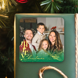 Elegant modern jul familj julbild present fyrkantigt klistermärke