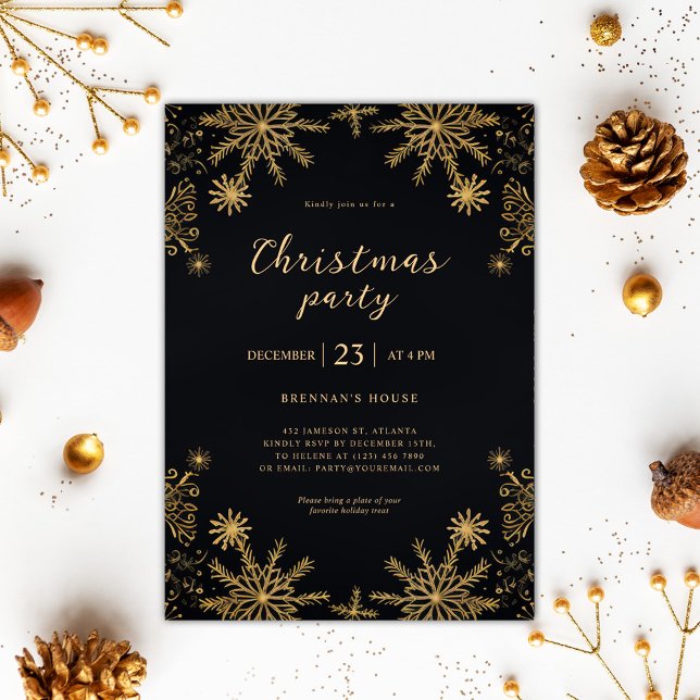 Elegant Modern jul, svart och Guld Inbjudningar (Elegant Modern Christmas Black And Gold Festive Invitation)