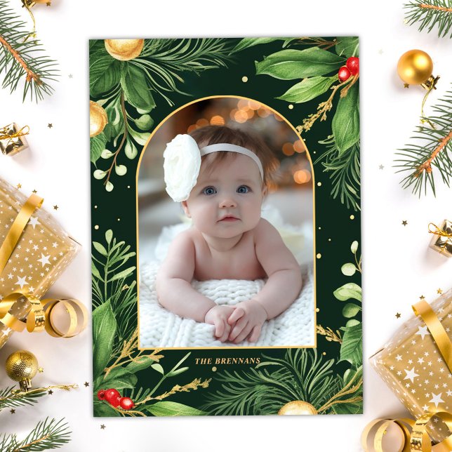 Elegant Modern Julfoto botaniskt grönt Julkort (Elegant Modern Christmas Photo Botanical Greenery Holiday Card)