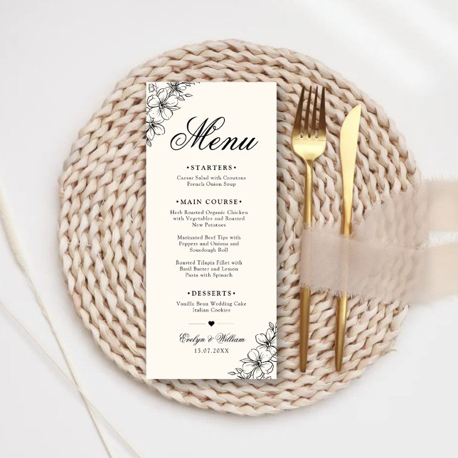 Elegant modern kalligrafi blommande bröllop meny (Elegant floral wedding menu with modern calligraphy and timeless elegance.)
