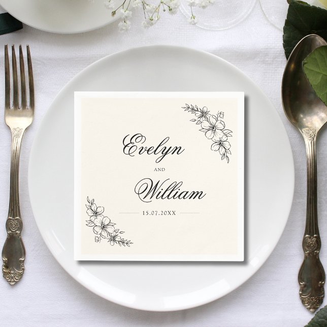 Elegant modern kalligrafi blommande bröllop pappersservett (Elegant floral wedding napkins with modern calligraphy add timeless charm to your celebration.)