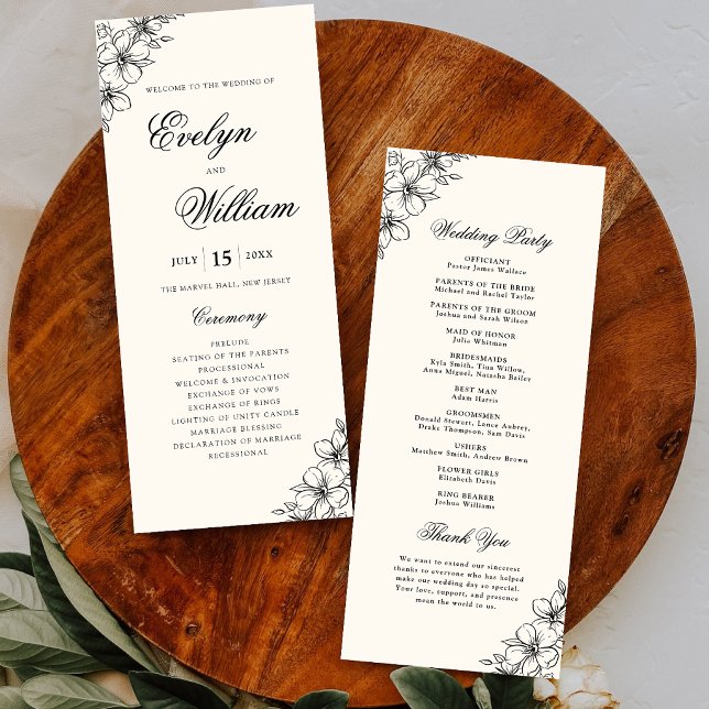 Elegant modern kalligrafi blommande bröllop program (Elegant floral wedding program with modern calligraphy and timeless elegance.)