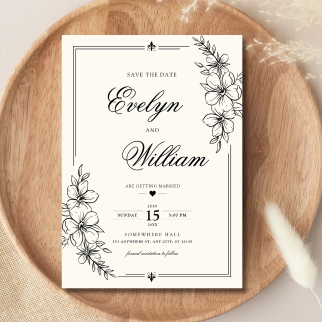 Elegant modern kalligrafi blommande bröllop spara datumet (Elegant modern calligraphy floral wedding save the date with timeless charm.)