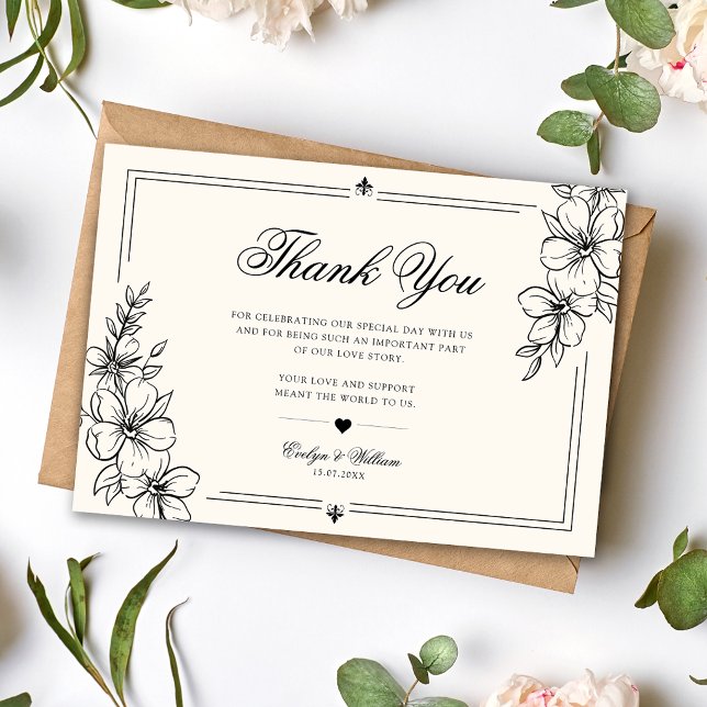 Elegant modern kalligrafi blommande bröllop tack kort (Elegant modern calligraphy floral wedding thank you card with timeless elegance.)
