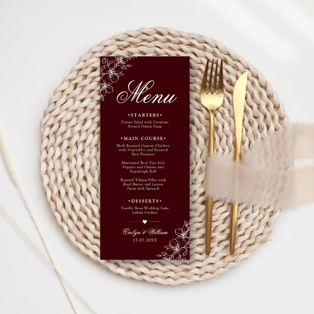 Elegant modern kalligrafi blommande burgunderröd b meny (Elegant burgundy floral wedding menu with modern calligraphy and timeless elegance.)