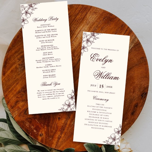 Elegant modern kalligrafi blommande burgunderröd b program (Elegant burgundy floral wedding program with modern calligraphy and timeless charm.)