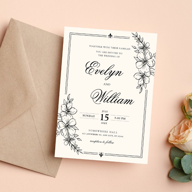 Elegant modern kalligrafi Blommig bröllop Inbjudningar (Elegant floral wedding invitation with modern calligraphy and timeless charm.)