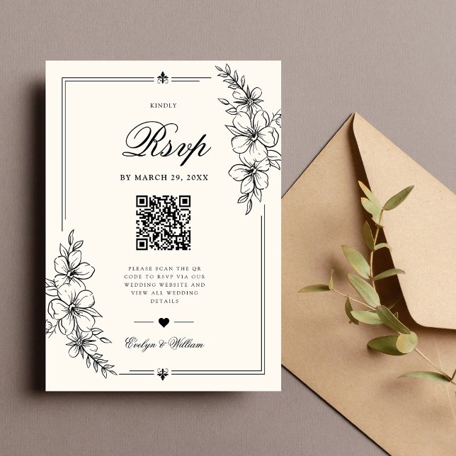 Elegant modern kalligrafi Blommig bröllops QR-kod OSA Kort (Elegant modern calligraphy floral QR code RSVP card with timeless charm.)