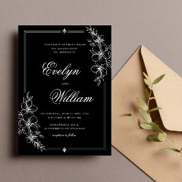 Elegant modern kalligrafi Blommig svart bröllop Inbjudningar