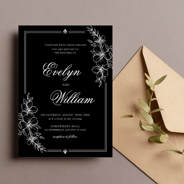 Elegant modern kalligrafi Blommig svart bröllop Inbjudningar (Elegant black floral wedding invitation with timeless modern calligraphy.)