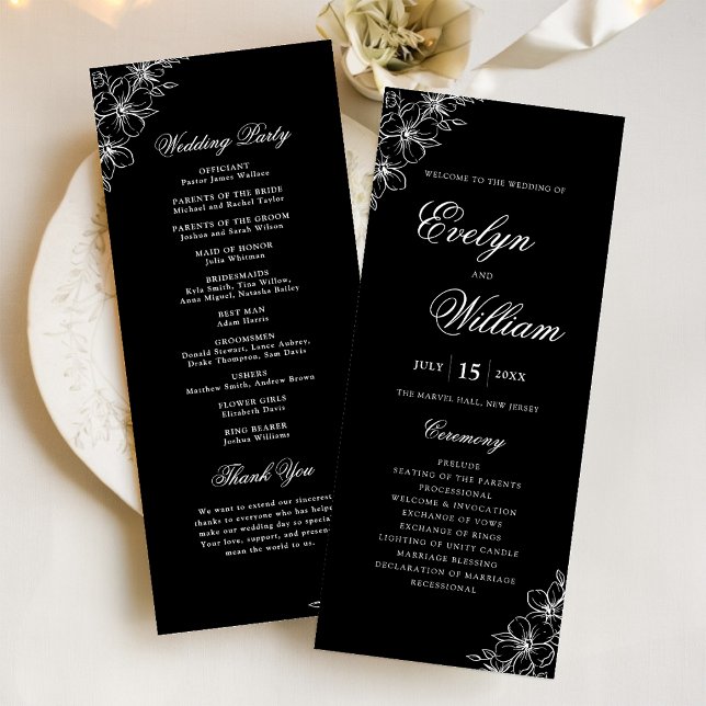 Elegant modern kalligrafi Blommig svart bröllop Program (Elegant black floral wedding program with modern calligraphy and timeless elegance.)