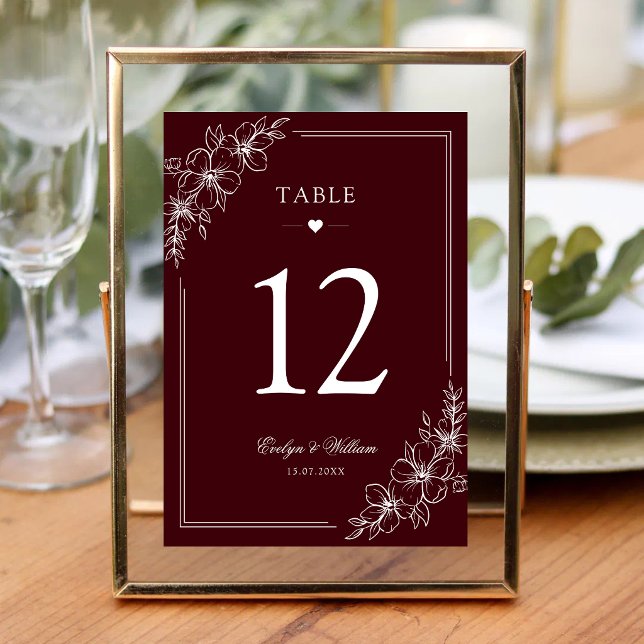 Elegant modern kalligrafi blomster burgunderröd br bordsnummer (Elegant burgundy floral table numbers with modern calligraphy elevate every wedding reception.)
