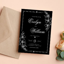 Elegant modern kalligrafi blomstergudstjänst svart spara datumet