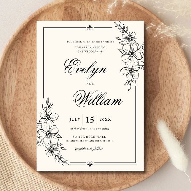 Elegant modern kalligrafi floral bröllop inbjudningar (Elegant floral wedding invitation with graceful modern calligraphy.)